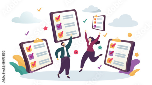 A vibrant and playful digital illustration depicting a diverse business team joyfully floating and interacting in a modern abstract space representing collaboration and innovation