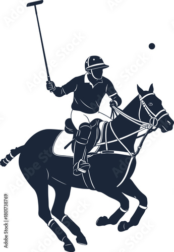 Dark blue polo player on horse hitting ball rider mallet, polo, horse, rider, mallet, ball, sport, equestrian, game, action, movement, dark blue, silhouette, white background, athletic, competition, s