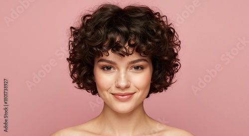 A smiling young woman with short curly brown hair. Beauty portrait with natural makeup on a pink background. Hair care and skincare concept