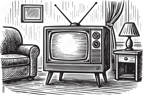Vintage TV set vector hand drawn illustration