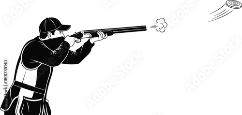 Man aiming shotgun at flying clay pigeon with smoke, shotgun, shooting, clay pigeon, trap shooting, skeet shooting, sport, competition, aiming, firing, target, projectile, smoke, action, silhouette, b