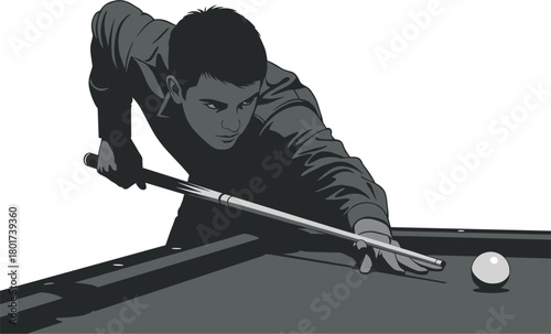 Man playing billiards aiming cue ball on green felt table, billiards, pool, game, sport, recreation, leisure, man, male, player, cue stick, pool cue, ball, cue ball, aiming, focus, concentration, tabl