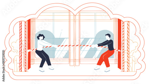 Dynamic illustration of diverse individuals collaborating and exerting collective effort by pulling a rope symbolizing teamwork unity and shared goals in a visually engaging composition