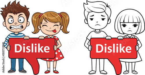 Cartoon children holding dislike signs showing different emotions, mixed color and black and white characters expressing disapproval in social media concept illustration