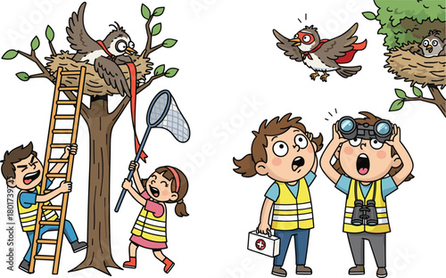 Cartoon children rescuing injured bird from nest while observing wildlife, learning animal care, teamwork, nature protection, birdwatching, and outdoor environmental education activities