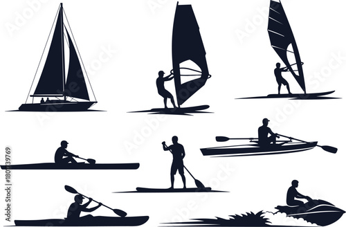 Silhouette collection of water sports and boating activities, sailing boat, sailboat, windsurfing, windsurfer, kayaking, kayaker, rowing boat, rower, stand up paddleboarding, paddleboarder, jet ski, w