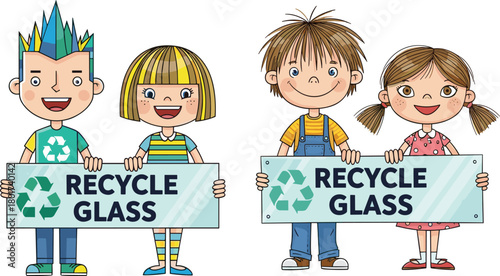 Cheerful cartoon children holding recycle glass signs promoting environmental awareness, sustainability, eco education, green habits, waste reduction, and responsible recycling practices