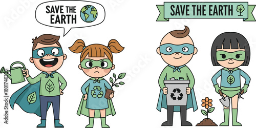 Cute eco superheroes encouraging recycling, planting trees, saving the earth, promoting environmental awareness, green lifestyle, sustainability, and protecting nature through fun cartoon actions