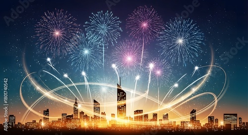 City skyline at night with colorful fireworks and light trails