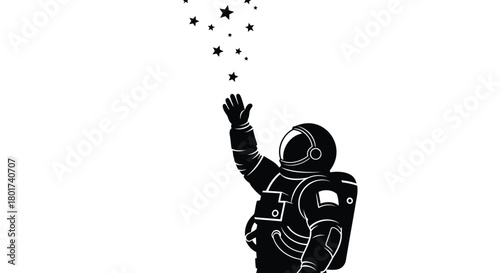 Astronaut reaching up towards a constellation of twinkling stars against a stark white background