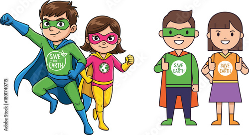 Cute eco superheroes promoting save the earth message, environmental protection, green lifestyle, climate awareness, recycling, conservation, and nature-friendly habits through inspiring 