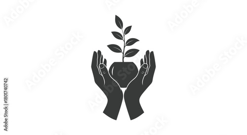 Silhouette of nurturing hands gently cradling a small potted plant symbolizing growth and care