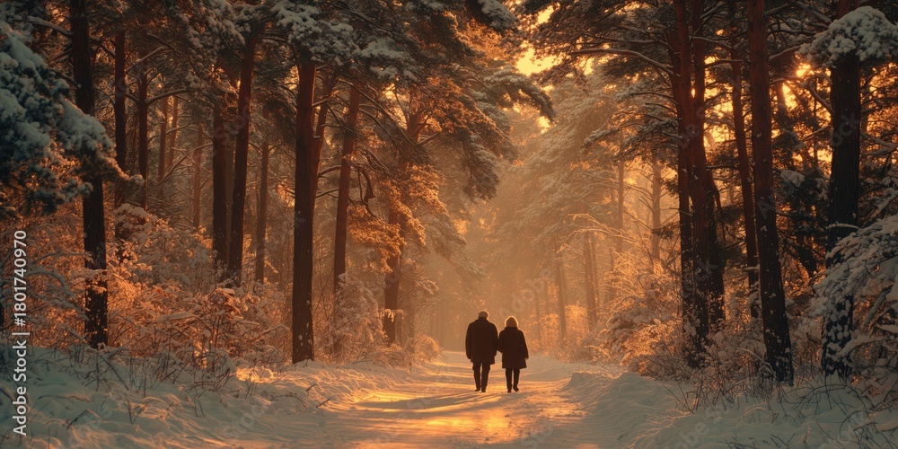 Naklejka premium Couples walk through a snowy forest at sunset, enjoying nature and each other’s company.