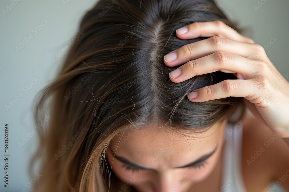 Fototapeta premium Detailed Close-Up of Person Scratching Head Showing Dry Skin Flakes and Dandruff in Long Hair