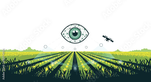 Surreal illustration of a giant watchful eye hovering over a vibrant green farm field with a tiny ant flying nearby