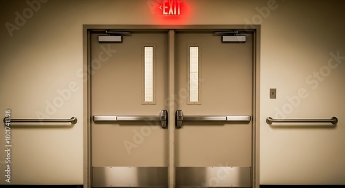 Double emergency exit doors with illuminated red exit sign above, push bars, and grab bars on the wall, suggesting safety and escape routes in a building