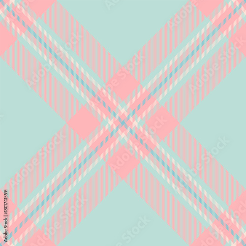 Pastel plaid pattern with intersecting lines in pink, light blue, and beige on a mint green background. Use it for backgrounds, textiles, or designs needing a delicate touch.