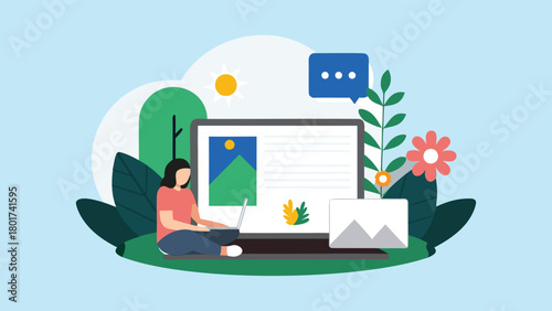 Abstract geometric scene depicting a person focused on typing on a laptop rendered in a modern stylized digital art style with vibrant color accents