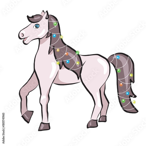 Horse with Christmas lights. Vector clipart