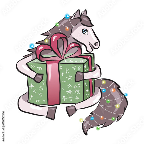 Horse with Christmas lights and gift box. Vector clipart