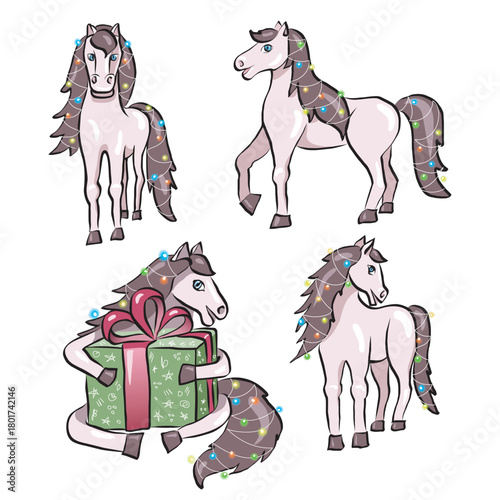 Horses with Christmas lights. Vector clipart