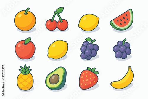 Assorted Colorful Cartoon Fruits Collection Orange, Cherries, Lemon, Watermelon, and More