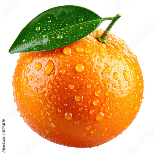 Fresh ripe orange fruit with green leaves and water drops, closeup view. Isolated on transparent background