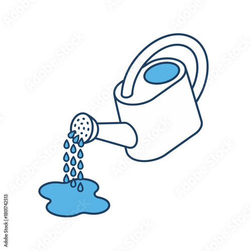 Isometric vector illustration of a gardening watering can pouring refreshing water, embodying plant nourishment, sustainable care, and cultivation