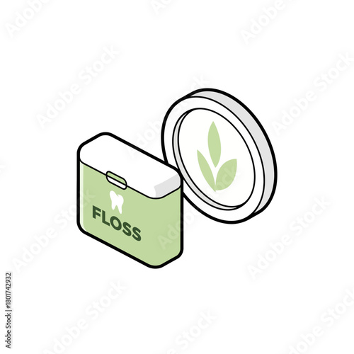 Isometric illustration of a dental floss container with a green leaf symbol on a coin or lid