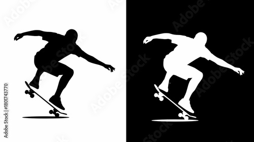 Skateboarder Silhouette Performing Trick in Black and White