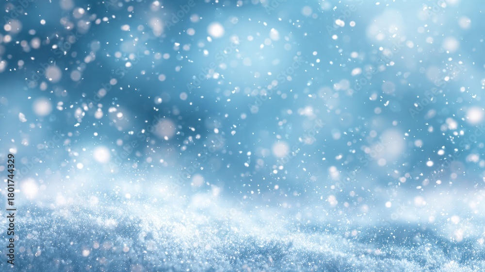 Obraz premium An ethereal winter scene featuring gently falling snowflakes, creating a serene and magical atmosphere against a soft blue backdrop.
