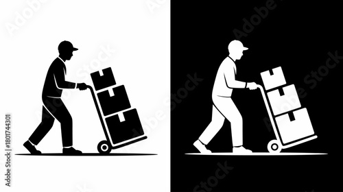 Delivery Man Silhouette Pushing Hand Truck with Boxes Icon Design