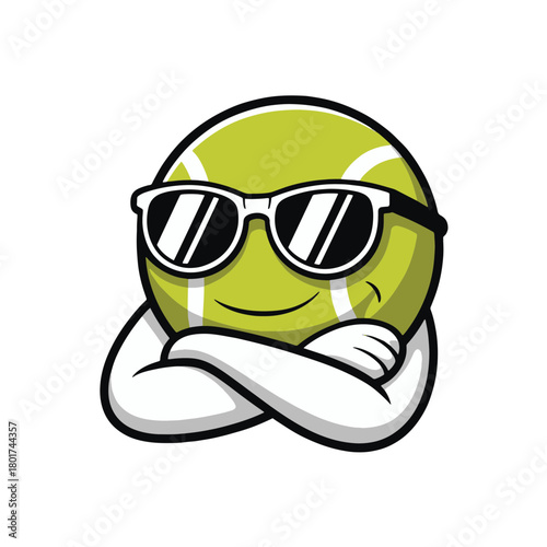 Cool tennis ball character wearing sunglasses with crossed arms against a simple background
