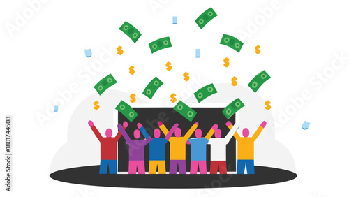 Excited person celebrating as raining dollar bills fall around them symbolizing financial success wealth and a winning lottery or bonus