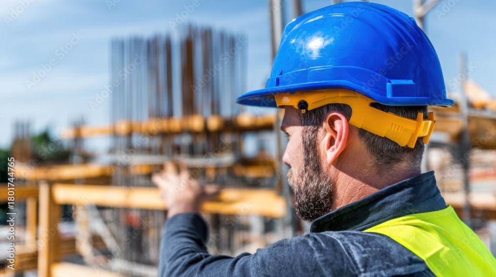 Obraz premium Construction worker oversees building project at site during sunny day in urban area