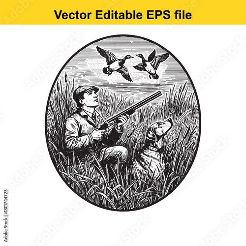 Hunter with dog and shotgun crouches in tall grass aiming at ducks flying overhead in an oval illustration