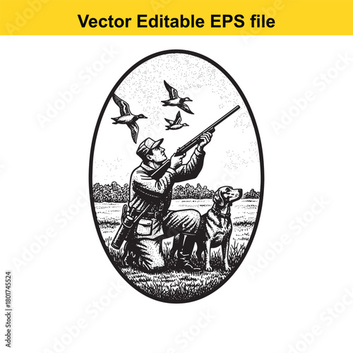 Hunter with shotgun and dog aiming at flying ducks in oval frame, vintage engraving style, vector illustration