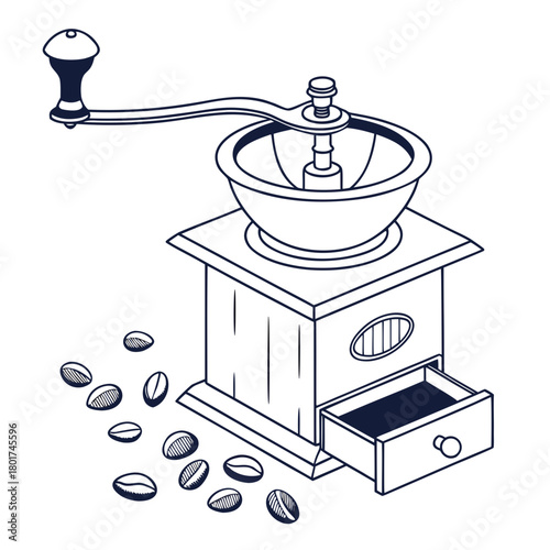 A vintage coffee grinder with beans