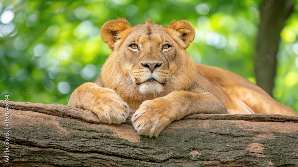 Fototapeta premium A lion is laying on a tree branch, looking at the camera.