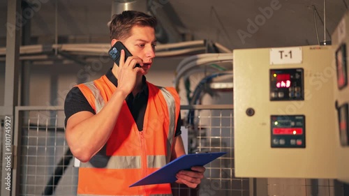 Industrial worker, wearing safety vest, uses smartphone for call, holding clipboard near control panel. Focused expression indicates diligent work, concern and seriousness for operational management.