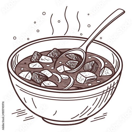 Illustration of a bowl of beef stew with a spoon