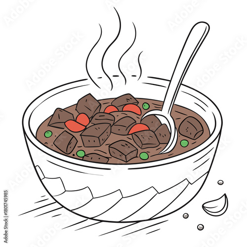 Illustration of a bowl of beef stew with vegetables and a spoon