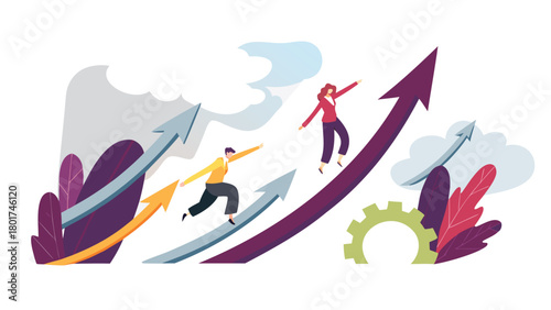 Vibrant and whimsical illustration of diverse people joyfully surfing on colorful arrows representing forward momentum and adventurous spirit in a lively abstract style