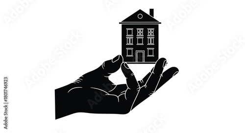 Stylized black silhouette of a hand gently holding a miniature detailed house against a white background