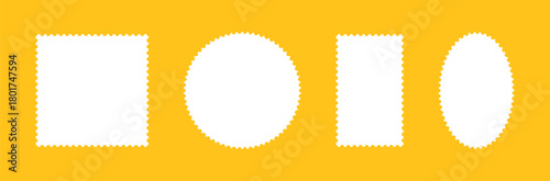 Postage stamp frames template. Set of empty borders, backdrops for postcards, letters. Rectangular, circle blank vintage stamps. Tags, labels, coupons, boxes with curvy, wiggly, wavy perforated edges.