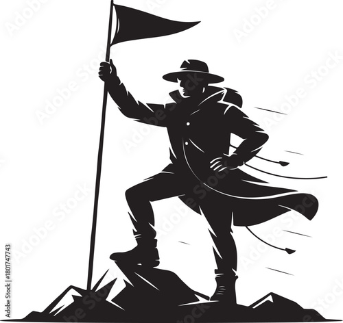 Silhouette of determined adventurer planting flag on mountain peak achieving victory