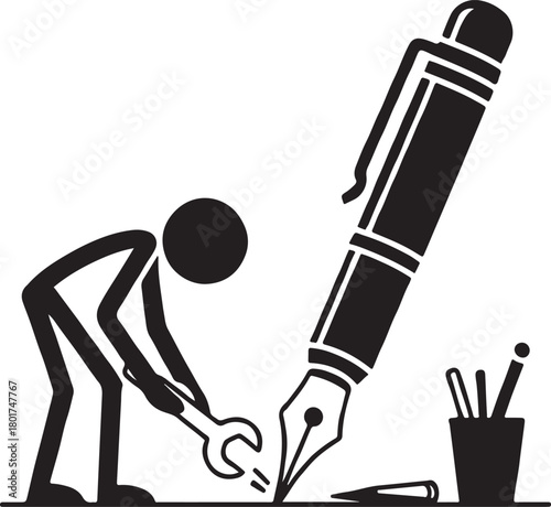 Stick Figure Fixing a Giant Pen Illustration Concept Design Idea