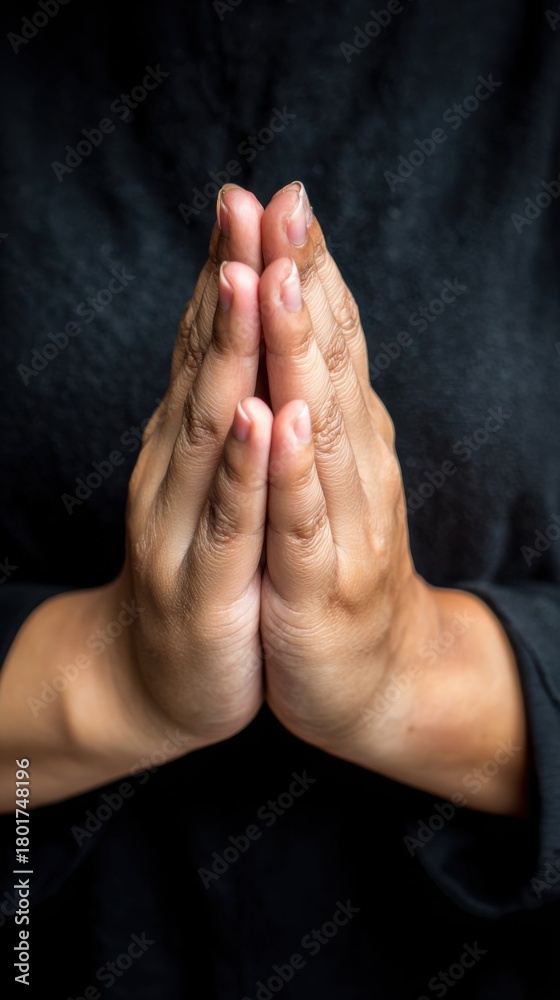 Fototapeta premium Hands joined together in prayer pose against a dark background expressing gratitude and spirituality