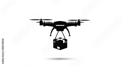 Silhouette of a modern drone delivering a package against a clean white background with shadow