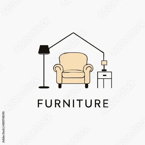 Minimal home-interior logo: a beige armchair forms the center, flanked by a black silhouette floor lamp on the left and a small nightstand with a square lamp on the right. Encased in a simple linear h